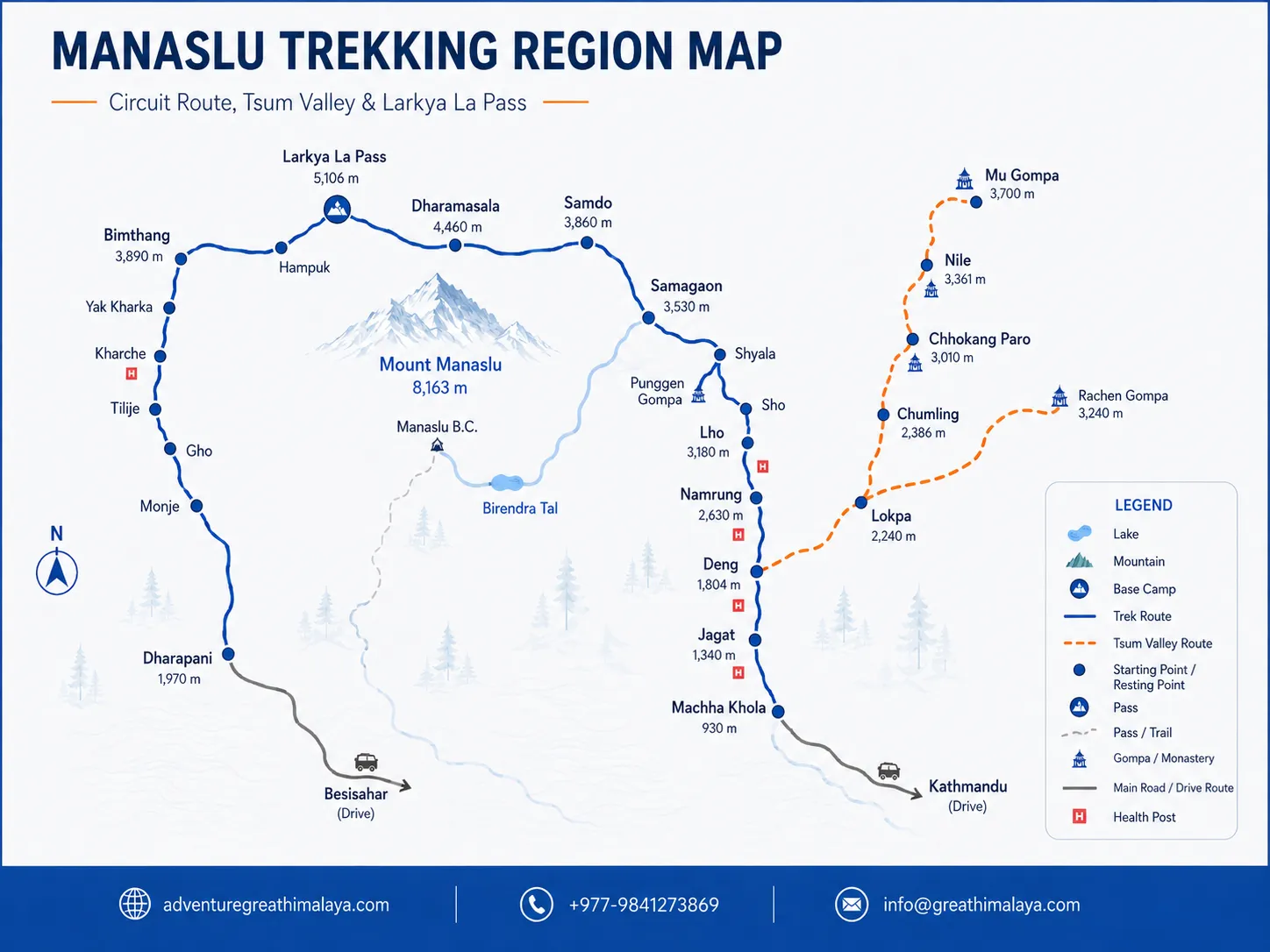 Manaslu trekking region map icncluding circuit, base camp, and tsum valley routes and locations