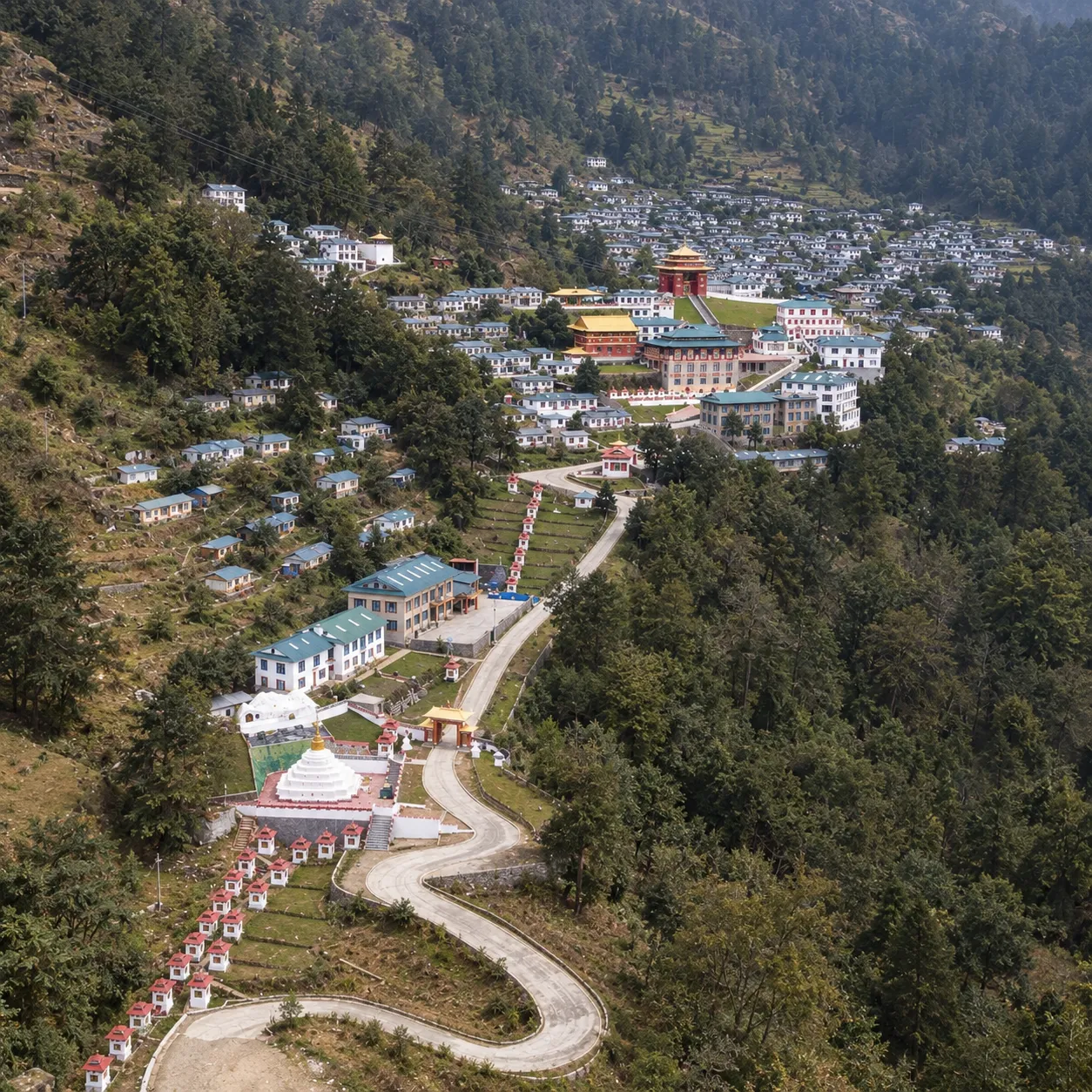 arial view taken by a drone of Thupten Choling Monastery